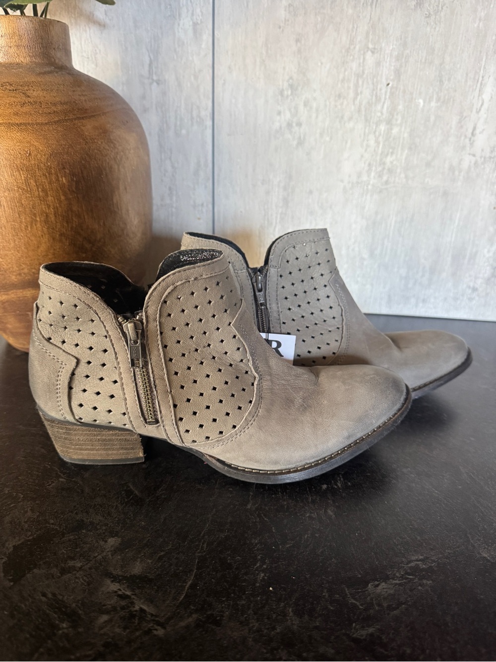 Diba True | Perforated Gray Suede Ankle Booties with Side Zip | 10